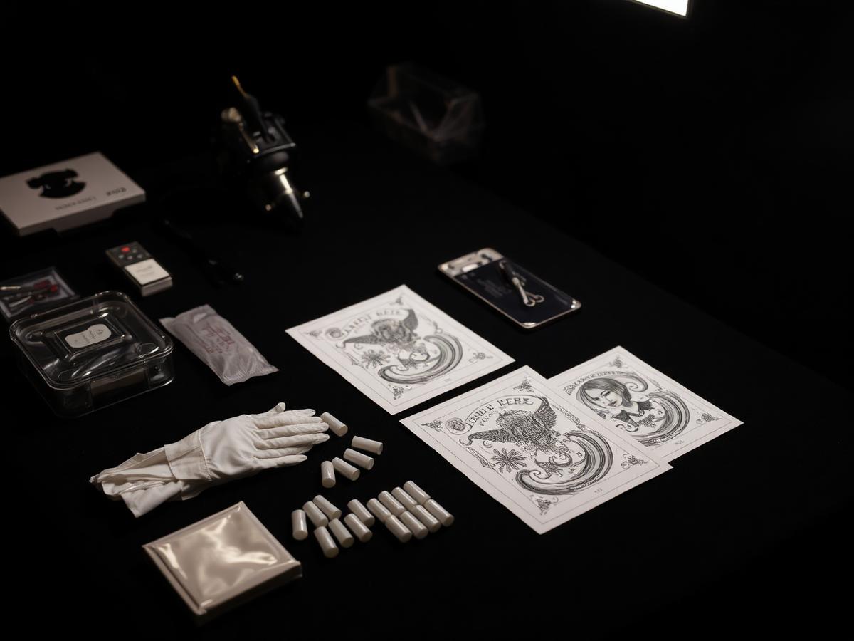 Estação de tatuagem montada com materiais descartáveis
