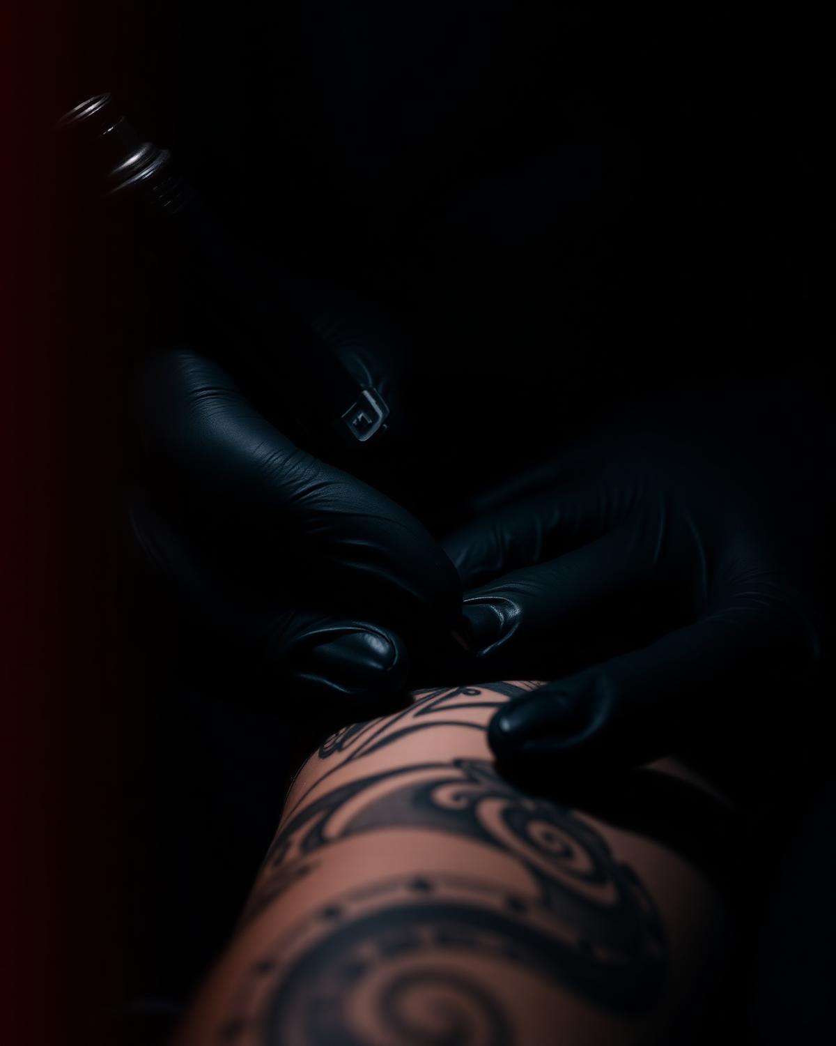 Detalhe das mãos do tatuador durante o atendimento